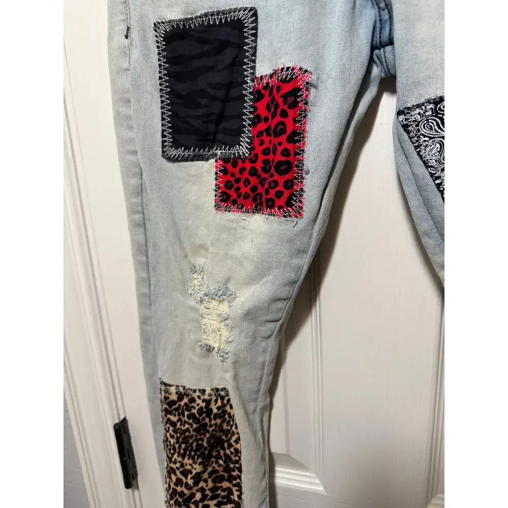 Denim City Patchwork Jeans Waist 34 Y2K Grunge Distressed Multi Print